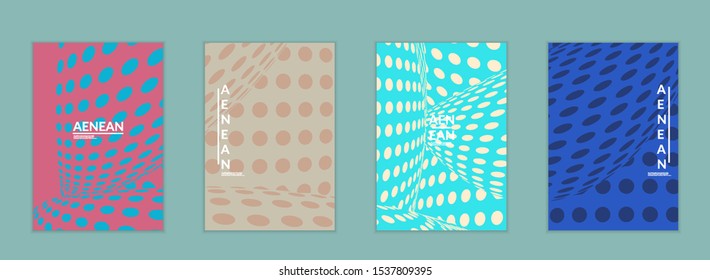 Abstract halftone flyer template with visual distortion effect. Optical art background. Warped 3D space. Futuristic vector illustration with circles on flat colored background