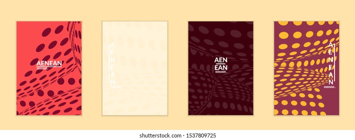 Abstract halftone flyer template with visual distortion effect. Optical art background. Warped 3D space. Futuristic vector illustration with circles on flat colored background
