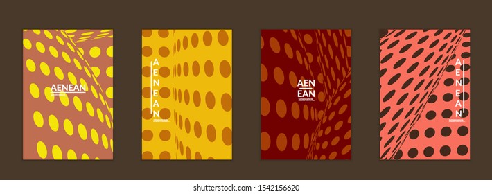 Abstract halftone flyer template with visual distortion effect. Optical art background. Warped 3D space. Futuristic vector illustration with circles on flat colored background