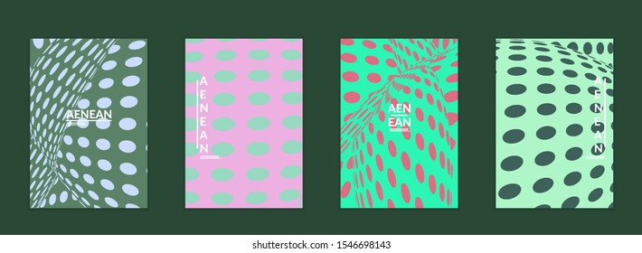 Abstract halftone flyer template with visual distortion effect. Optical art background. Warped 3D space. Futuristic vector illustration with circles on flat colored background