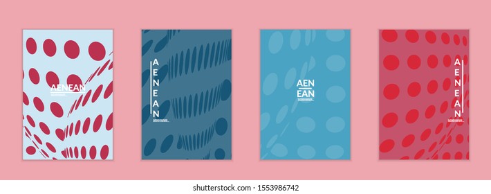 Abstract halftone flyer template with visual distortion effect. Optical art background. Warped 3D space. Futuristic vector illustration with circles on flat colored background