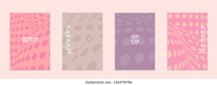 Abstract halftone flyer template with visual distortion effect. Optical art background. Warped 3D space. Futuristic vector illustration with circles on flat colored background