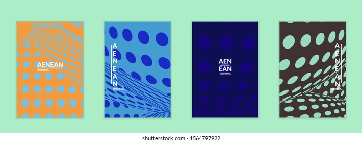 Abstract halftone flyer template with visual distortion effect. Optical art background. Warped 3D space. Futuristic vector illustration with circles on flat colored background