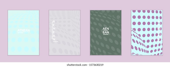 Abstract halftone flyer template with visual distortion effect. Optical art background. Warped 3D space. Futuristic vector illustration with circles on flat colored background
