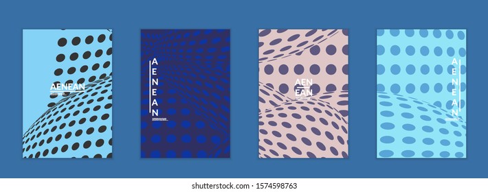 Abstract halftone flyer template with visual distortion effect. Optical art background. Warped 3D space. Futuristic vector illustration with circles on flat colored background