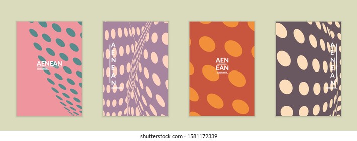 Abstract halftone flyer template with visual distortion effect. Optical art background. Warped 3D space. Futuristic vector illustration with circles on flat colored background