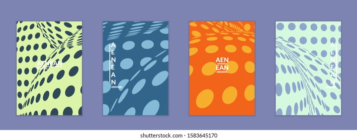 Abstract halftone flyer template with visual distortion effect. Optical art background. Warped 3D space. Futuristic vector illustration with circles on flat colored background