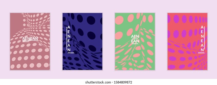 Abstract halftone flyer template with visual distortion effect. Optical art background. Warped 3D space. Futuristic vector illustration with circles on flat colored background