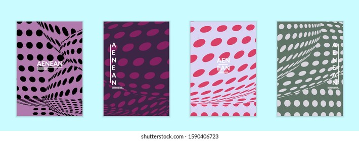 Abstract halftone flyer template with visual distortion effect. Optical art background. Warped 3D space. Futuristic vector illustration with circles on flat colored background