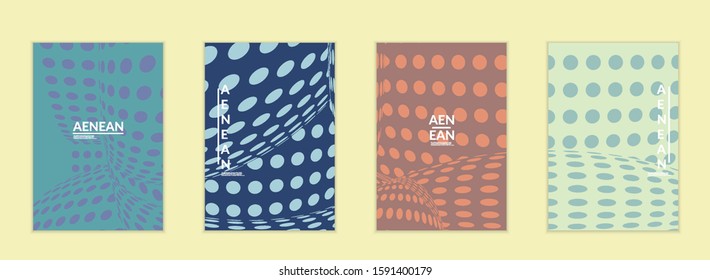 Abstract halftone flyer template with visual distortion effect. Optical art background. Warped 3D space. Futuristic vector illustration with circles on flat colored background
