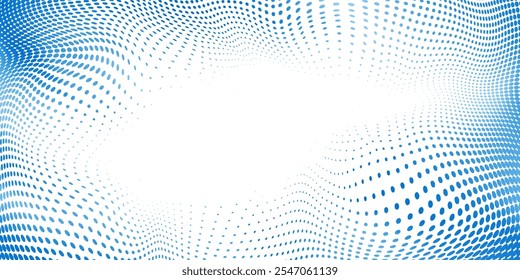 Abstract Halftone Frame with Blue Waves on a White Background. Twisted and dynamic texture ideal for modern, tech-inspired designs, posters, flyers, music cards. 