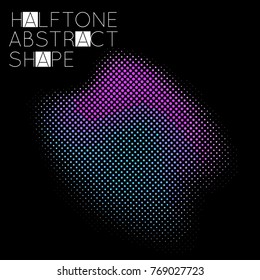 Abstract halftone geometric shape isolated on black background. Futuristic design element. Gradient colored fluid shape.