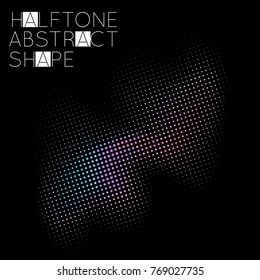 Abstract halftone geometric shape isolated on black background. Futuristic design element. Gradient colored fluid shape.