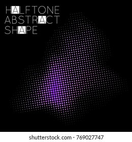 Abstract halftone geometric shape isolated on black background. Futuristic design element. Gradient colored fluid shape.