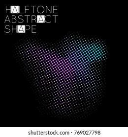 Abstract halftone geometric shape isolated on black background. Futuristic design element. Gradient colored fluid shape.