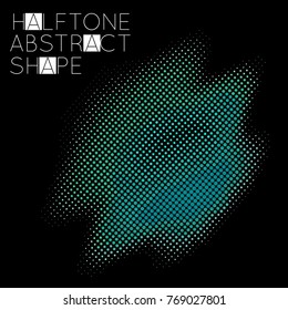 Abstract halftone geometric shape isolated on black background. Futuristic design element. Gradient colored fluid shape.