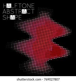 Abstract halftone geometric shape isolated on black background. Futuristic design element. Gradient colored fluid shape.