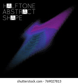Abstract halftone geometric shape isolated on black background. Futuristic design element. Gradient colored fluid shape.