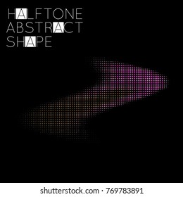 Abstract halftone geometric shape isolated on black background. Futuristic design element. Gradient colored fluid shape.