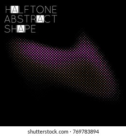 Abstract halftone geometric shape isolated on black background. Futuristic design element. Gradient colored fluid shape.