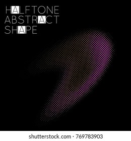 Abstract halftone geometric shape isolated on black background. Futuristic design element. Gradient colored fluid shape.