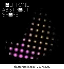 Abstract halftone geometric shape isolated on black background. Futuristic design element. Gradient colored fluid shape.