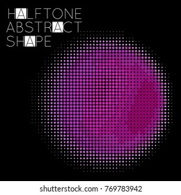 Abstract halftone geometric shape isolated on black background. Futuristic design element. Gradient colored fluid shape.