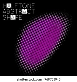 Abstract halftone geometric shape isolated on black background. Futuristic design element. Gradient colored fluid shape.