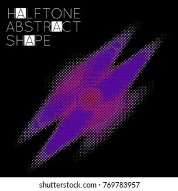 Abstract halftone geometric shape isolated on black background. Futuristic design element. Gradient colored fluid shape.