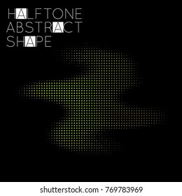 Abstract halftone geometric shape isolated on black background. Futuristic design element. Gradient colored fluid shape.