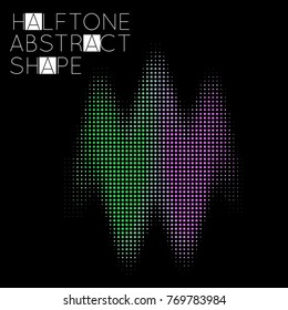 Abstract halftone geometric shape isolated on black background. Futuristic design element. Gradient colored fluid shape.