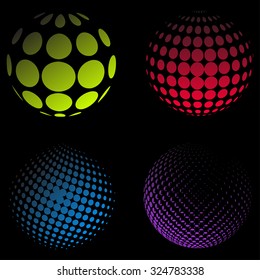 Abstract halftone globe design, stock vector illustration. Colorful set. Black background 