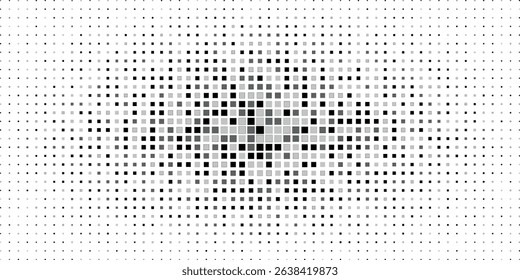 Abstract halftone gradient background. Faded grit noise texture. White and black sand wallpaper. Retro pixelated backdrop