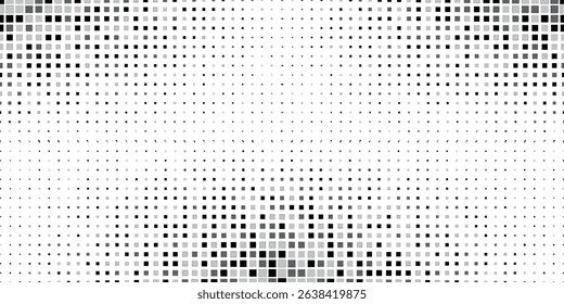 Abstract halftone gradient background. Faded grit noise texture. White and black sand wallpaper. Retro pixelated backdrop for banner and cover