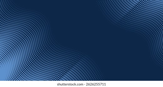 Abstractas puntos de luz degradados de medio tono sobre fondo azul oscuro, diseño circular o patrón de líneas onduladas, Plantilla para tarjetas de visita, folletos, carteles, cubiertas.
