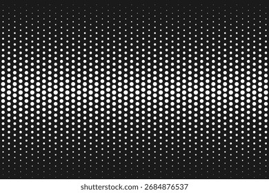 Abstract halftone gradient texture with fading polka dot pattern. White vanishing comic effect background. Retro pop art overlay wallpaper. Vector illustration on black bg.