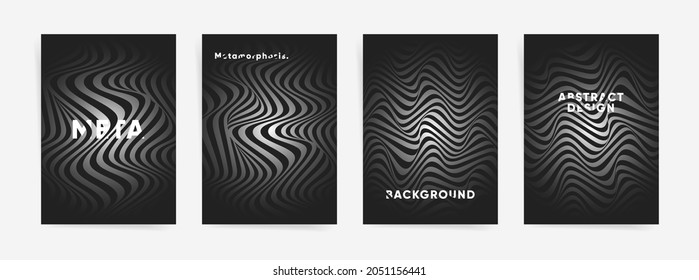 Abstract halftone gradients templates set. Minimal black cover design backgrounds. Abstract waves and lines. Vector geometric illustration
