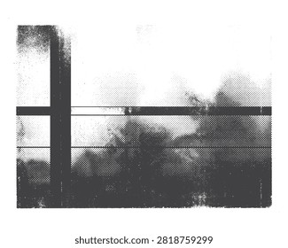 Abstract halftone graphic with a strong vertical pillar and smoke