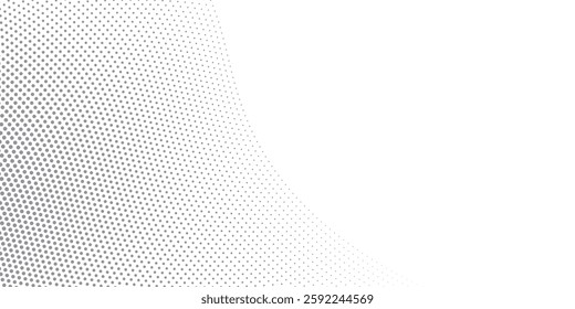 Abstract halftone gray dots gradient on white background, Curved twisted slanting design or waved lines pattern,