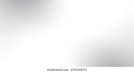 Abstract halftone gray dots gradient on white background, Curved twisted slanting design or waved lines pattern,