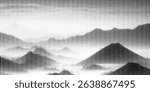 Abstract halftone landscape of mountains and misty valleys in black and white, trees and hills in dotted halftone.