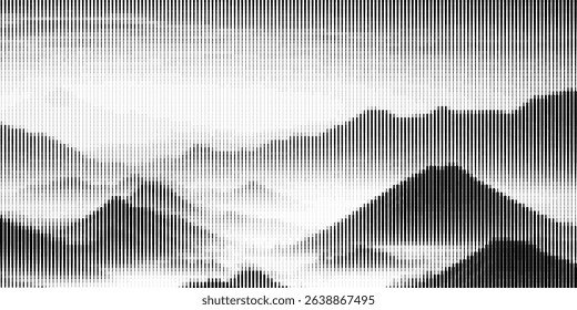 Abstract halftone landscape of mountains and misty valleys in black and white, trees and hills in dotted halftone.