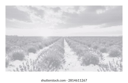 Abstract halftone landscape view, mountain range, cloudy sky, retro dotted texture, vintage art.