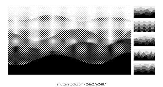 Fondos de capas de semitonos Abstractas. Paisaje de semitonos de perspectiva de aire, montañas geométricas y nubes punto texturizado Vector de Fondo de pantalla conjunto de ilustración geométrica de forma de semitonos