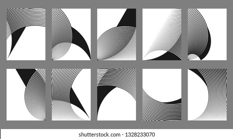 Abstract halftone lines backgrounds, trendy geometric black and white patterns, vector modern design covers, cards, banners, flyers, layouts.