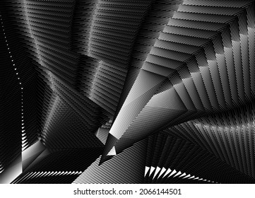 Abstract halftone lines black background, geometric dynamic pattern, vector modern design texture.