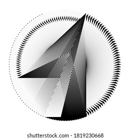 Abstract halftone lines black and white circle background, minimal geometric dynamic pattern, sign, symbol, emblem, vector modern design texture for card, cover, poster, decoration.