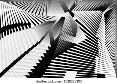 Abstrakte Halbtonlinien, schwarz-weißer Hintergrund, geometrisches dynamisches Muster, Vektordesign-Textur.