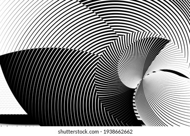 Abstract halftone lines black and white background, geometric dynamic pattern, vector modern design texture for card, cover, poster, banner, flyer.
