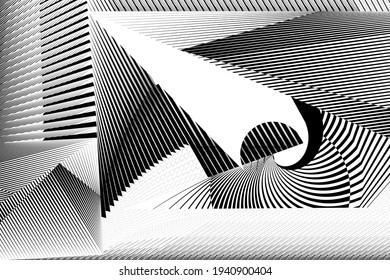 Abstrakte Halbtonlinien, schwarz-weißer Hintergrund, geometrisches dynamisches Muster, Vektordesign-Textur.
